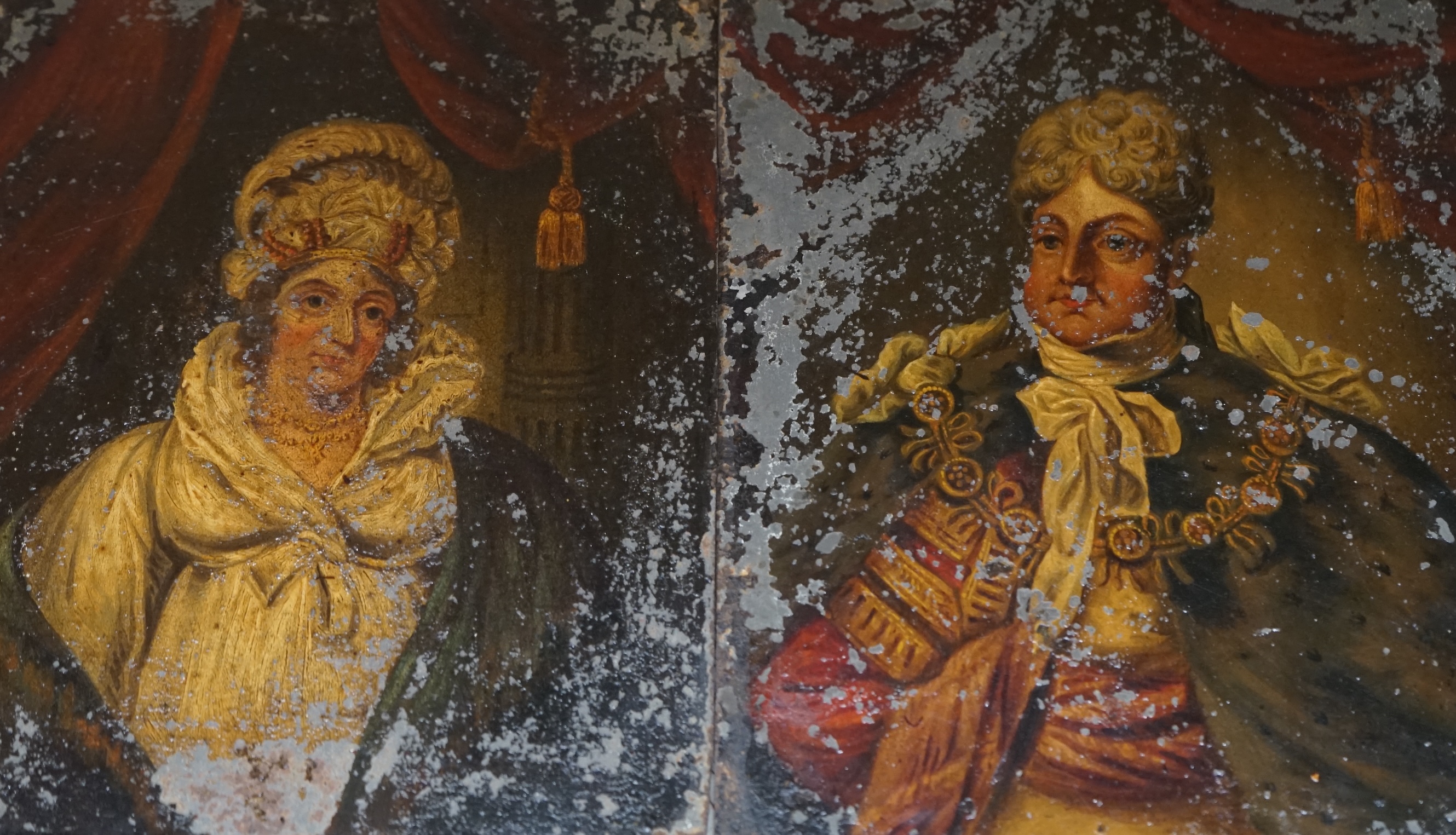 Early 19th century School, pair of oils on tin, Portraits of King George IV and Caroline of Brunswick, 20 x 16cm, unframed. Condition - poor, flaking and paint loss all over